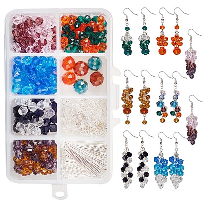 DIY Cluster Earring Making, with Bicone Glass Beads and Abacus Glass Beads, Unwelded Brass Cable Chains, Brass Earring Hooks and Iron Head Pins