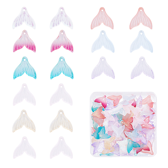 90Pcs 9 Colors Transparent Spray Painted Glass Pendants, with Glitter Powder, Fishtail Shape