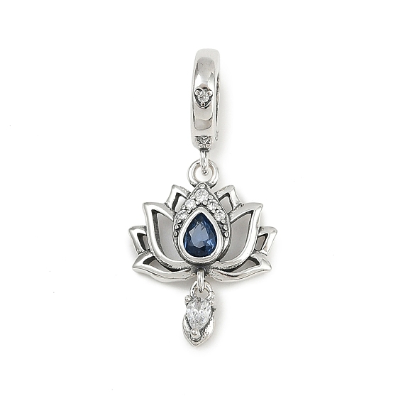 925 европейские подвески-шармы из стерлингового серебра с синими кубическими цирконами в форме цветка лотоса, Подвески с большими отверстиями, родий