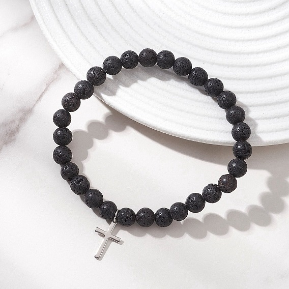Натуральные бусины из вулканического камня стрейч браслеты, браслеты с подвесками из нержавеющей стали в виде креста для женщин