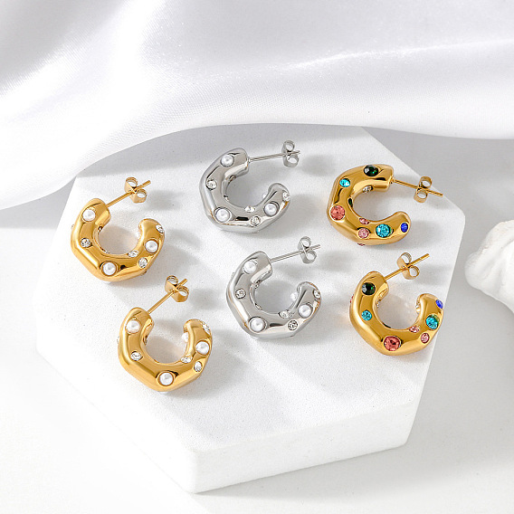 304 Серьги-гвоздики в форме буквы С со стразами из нержавеющей стали, с имитацией жемчуга