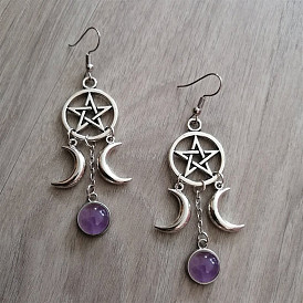 Natural Stone Earrings with Triple Moon and Purple Stone - Celestial-inspired, Boho Chic