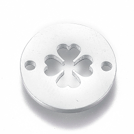 304 Stainless Steel Links Connectors, Flat Round with Four Leaf Clover