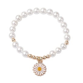 7mm Round Shell Pearl Beaded Stretch Bracelets, Daisy Flower Alloy Enamel Charm Bracelets for Women