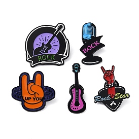 Gesture/Guitar/Microphone Creative Rock Music Theme Enamel Pins, Black Alloy Badge for Clothes Backpack