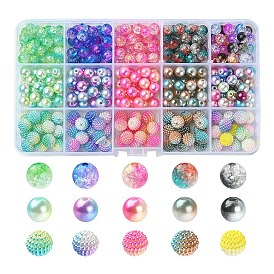 385Pcs 15 Style ABS Plastic Imitation Pearl & Transparent Crackle Acrylic Beads, Round