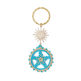 Flat Round & Star Glass Seed Loom Patter Keychain, with Brass Solar Eclipse Pendant and Iron Rings