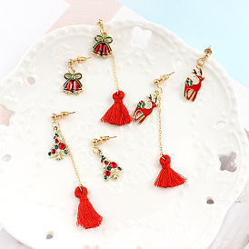 Cute Asymmetric Earrings with Red Christmas Tree, Bell and Reindeer Design