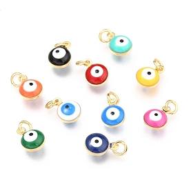 Brass Enamel Beads, Real 18K Gold Plated, Long-Lasting Plated, with Jump Ring, Flat Round with Evil Eye