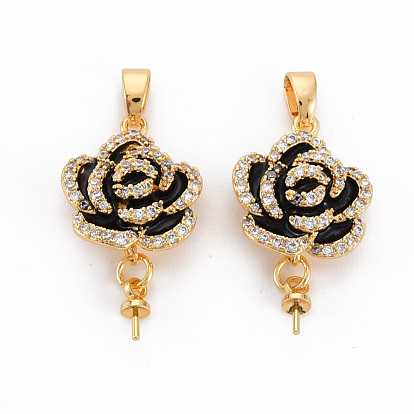 Brass Micro Pave Clear Cubic Zirconia Peg Bails Pendants, for Half Drilled Bead, Nickel Free, with Enamel and Brass Snap on Bails, Real 18K Gold Plated, Flower