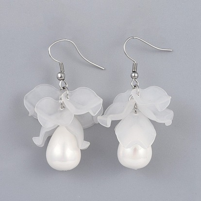 Petal Transparent Acrylic Dangle Earrings, with Teardrop Shell Pearl Beads and 316 Surgical Stainless Steel Earring Hooks, Packing Box