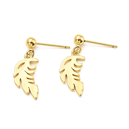 Rack Plating Brass Leaf Dangle Stud Earrings, Cadmium Free & Lead Free, Long-Lasting Plated