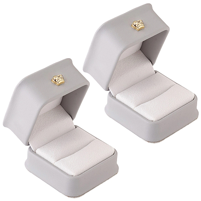 2Pcs Square PU Leather Ring Gift Boxes, with Golden Plated Iron Crown and Velvet Inside, for Wedding, Jewelry Storage Case