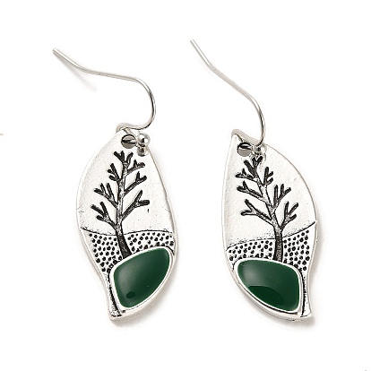 Leaf with Tree Enamel Dangle Earrings, Zinc Alloy Long Drop Earrings for Women