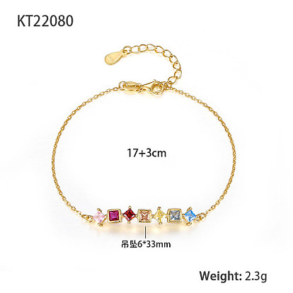 925 Sterling Silver Rectangle Link Bracelet, with Colorful Cubic Zirconia, with S925 Stamp