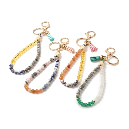 Pulsera de cuentas de madera y piedras preciosas pulsera llaveros, con colgante de borla de ante sintético, broche de la aleación de la pinza de langosta, anillo de llave de hierro