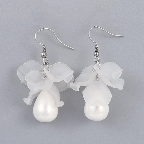 Petal Transparent Acrylic Dangle Earrings, with Teardrop Shell Pearl Beads and 316 Surgical Stainless Steel Earring Hooks, Packing Box