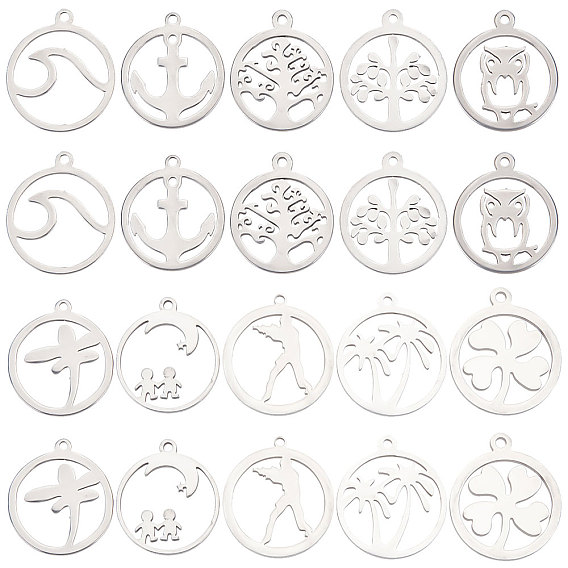 40Pcs 10 Style 304 Stainless Steel Pendants, Round Ring