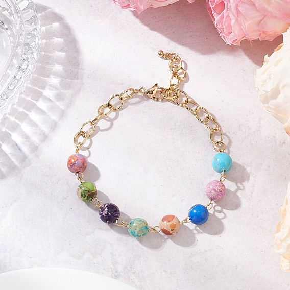 Браслеты из натуральной императорской яшмы, латунные кабельные цепи браслеты для женщин, круглые