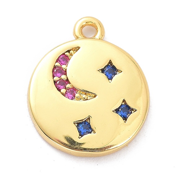Латунные микро проложить кубического циркония подвески, Плоский круглый с луной и звездой