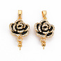 Brass Micro Pave Clear Cubic Zirconia Peg Bails Pendants, for Half Drilled Bead, Nickel Free, with Enamel and Brass Snap on Bails, Real 18K Gold Plated, Flower