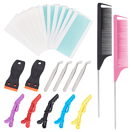 CRASPIRE Hair Extension Tool Sets, Including Plastic Scrapers & Alligator Hair Clips, Stainless Steel Tweezers, Traceless Wig and Double Sided Adhesive, Plastic Tail Comb