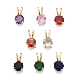 Brass Micro Pave Cubic Zirconia Pendants, Real 18K Gold Plated, Long-Lasting Plated, Flat Round