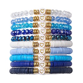 10pcs disque d'argile polymère et ensemble de bracelets extensibles en perles de verre et de laiton, bracelets empilables coeur