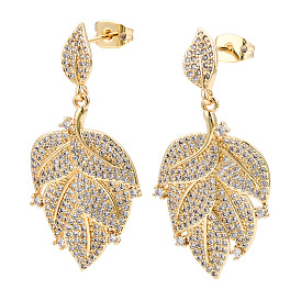 Clear Cubic Zirconia Maple Leaf Dangle Stud Earring, Brass Jewelry for Women