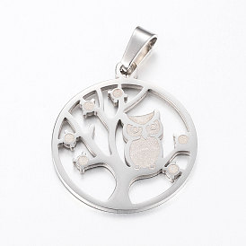 Ion Plating(IP) 304 Stainless Steel Pendants, Textured, Flat Round with Tree and Owl