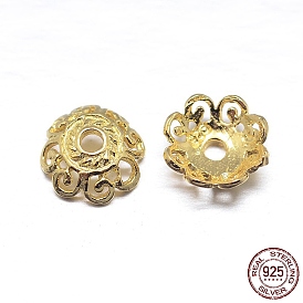 Real 18K Gold Plated 4-Petal 925 Sterling Silver Bead Caps, Flower, 7x3mm, Hole: 1mm, about 90pcs/20g