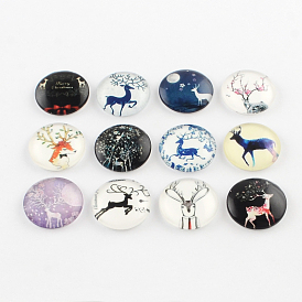 Half Round/Dome Christmas Reindeer/Stag Pattern Glass Flatback Cabochons for DIY Projects