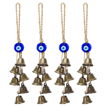 4Pcs Iron Bell with Handmade Lampwork Flat Round Evil Eye Pendant Decorations, with Jute Cord