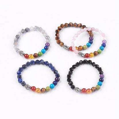 Natural Gemstone Stretch Bracelets, with Alloy Buddha Head Findings, Mixed Stone and Resin Beads