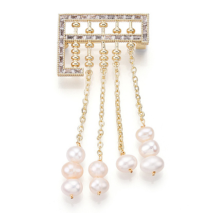 Natural Pearl Dangle Tassel Abacus Brooches for Women, Brass Pave Cubic Zirconia Pins