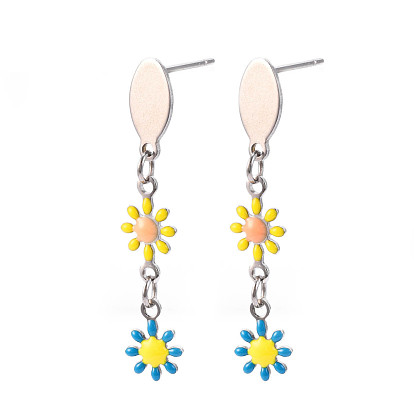 Flower Enamel Long Dangle Stud Earrings, Stainless Steel Color Plated 304 Stainless Steel Jewelry for Women