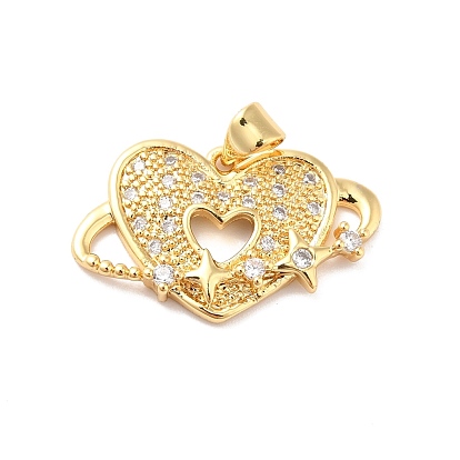 Rack Plating Brass Micro Pave Clear Cubic Zirconia Pendants, Long-Lasting Plated, Heart