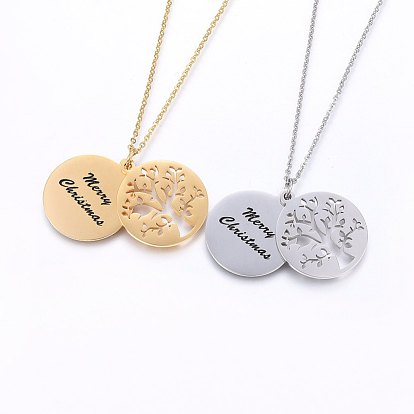 304 Stainless Steel Pendant Necklaces, with Enamel, Flat Round with Tree, with Word Merry Christmas