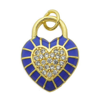 Brass Micro Pave Clear Cubic Zirconia Pendants,  with Enamel and Jump Rings, Light Gold, Cadmium Free & Nickel Free & Lead Free, Heart