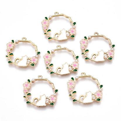 Pendentifs en alliage, avec perle d'imitation en plastique émail et abs, guirlande en forme de chat