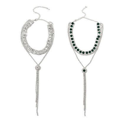 Латунные ожерелья с плоскими круглыми кисточками и стразами для женщин, серебряный цвет гальваническим