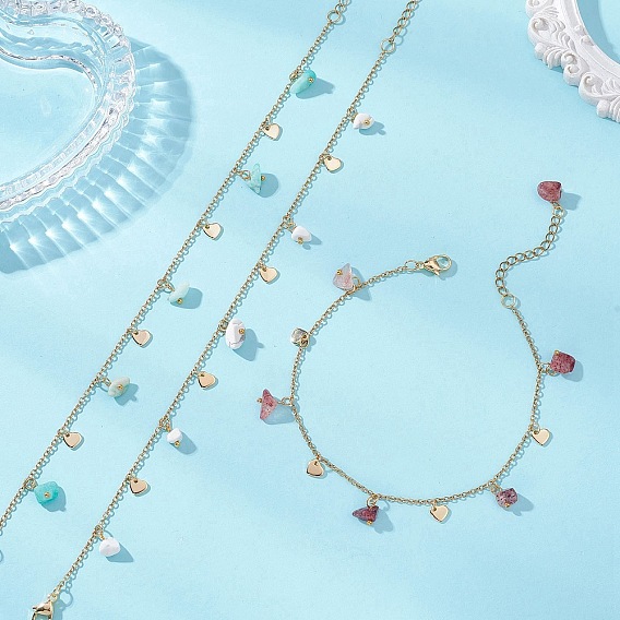 Браслеты на лодыжку с кисточками из смеси драгоценных камней и 201 сердечками из нержавеющей стали, 304 женские ножные браслеты из нержавеющей стали с цепочкой, золотые