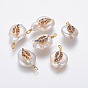 Natural Cultured Freshwater Pearl Pendants, with Brass Micro Pave Cubic Zirconia Findings, Nuggets with Leaf, Golden