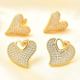 Rack Plating Brass Micro Pave Clear Cubic Zirconia Stud Earrings for Women, Cadmium Free & Lead Free, Long-Lasting Plated, Heart