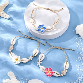 Плетеные браслеты из натуральных смешанных бусин из ракушек каури и синтетических бирюзовых бусин, регулируемые браслеты из нейлоновой нити плюмерия