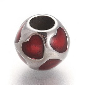 Ion Plating(IP) 304 Stainless Steel European Beads, with Enamel, Large Hole Beads, Round with Heart