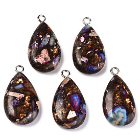 Assembled Natural Bronzite and Synthetic Imperial Jasper Pendants, with Platinum Plated Iron Loop, Teardrop, Dyed