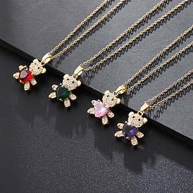 Cute Bear Pendant Necklace with Copper and Zirconia Stones, Versatile Collarbone Chain