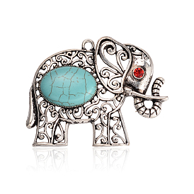 Antique Silver Plated Alloy Synthetic Turquoise Elephant Big Pendants, with Rhinestones, 63x49x8mm, Hole: 3mm