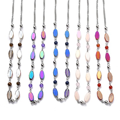 304 ожерелья из нержавеющей стали бисером, с бордюрами, овальные граненые стеклянные бусины и круглые бусины из натуральных драгоценных камней, цвет нержавеющей стали